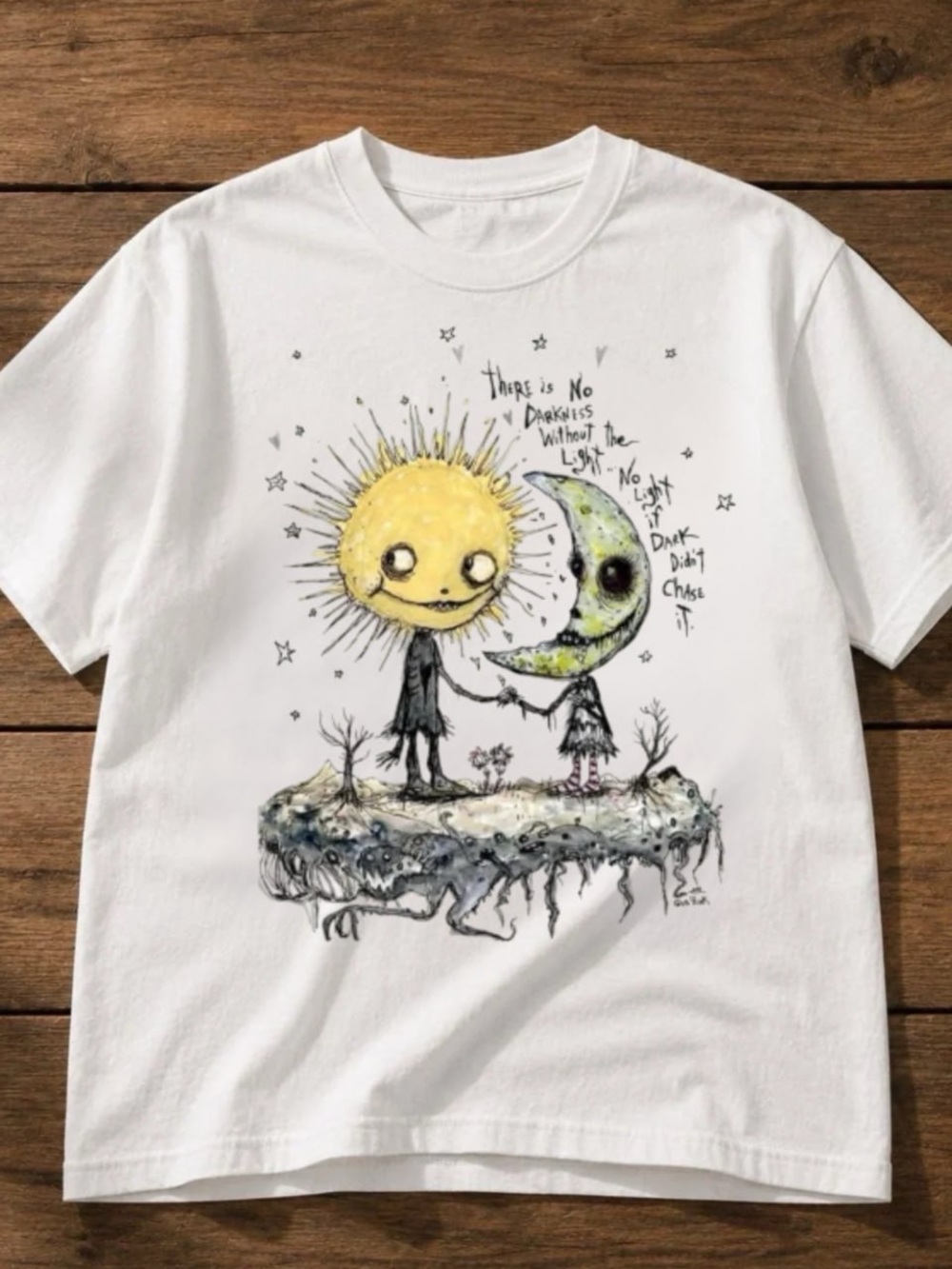 Gildan White Short-Sleeve Tee with Sun & Moon Graphic